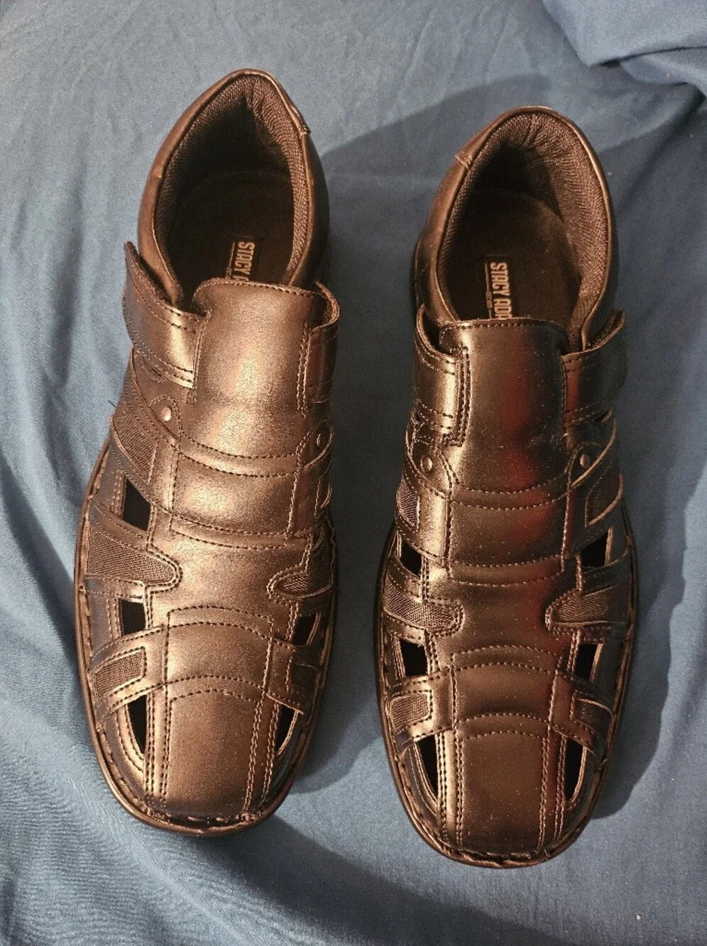 Stacy Adams Black Leather‎ Fisherman-Style Sandals with Hook-and-Loop Strap 10m